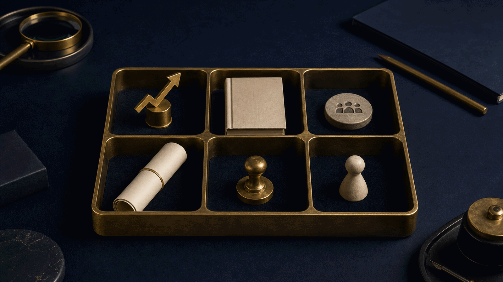 Founder research desk with evidence tokens, a buyer marker, and a decision path